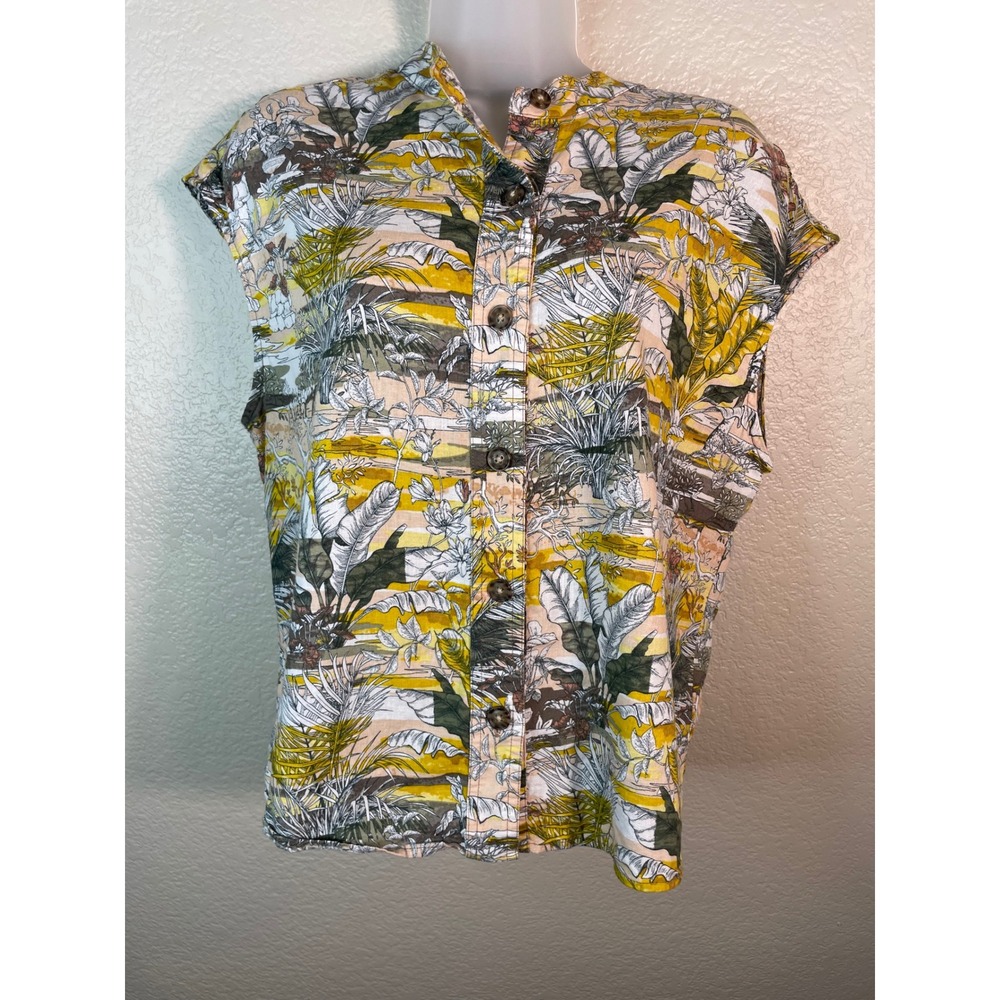 C&C California Womens M Sleeveless Button Up Top Yellow Tropical Linen Blend